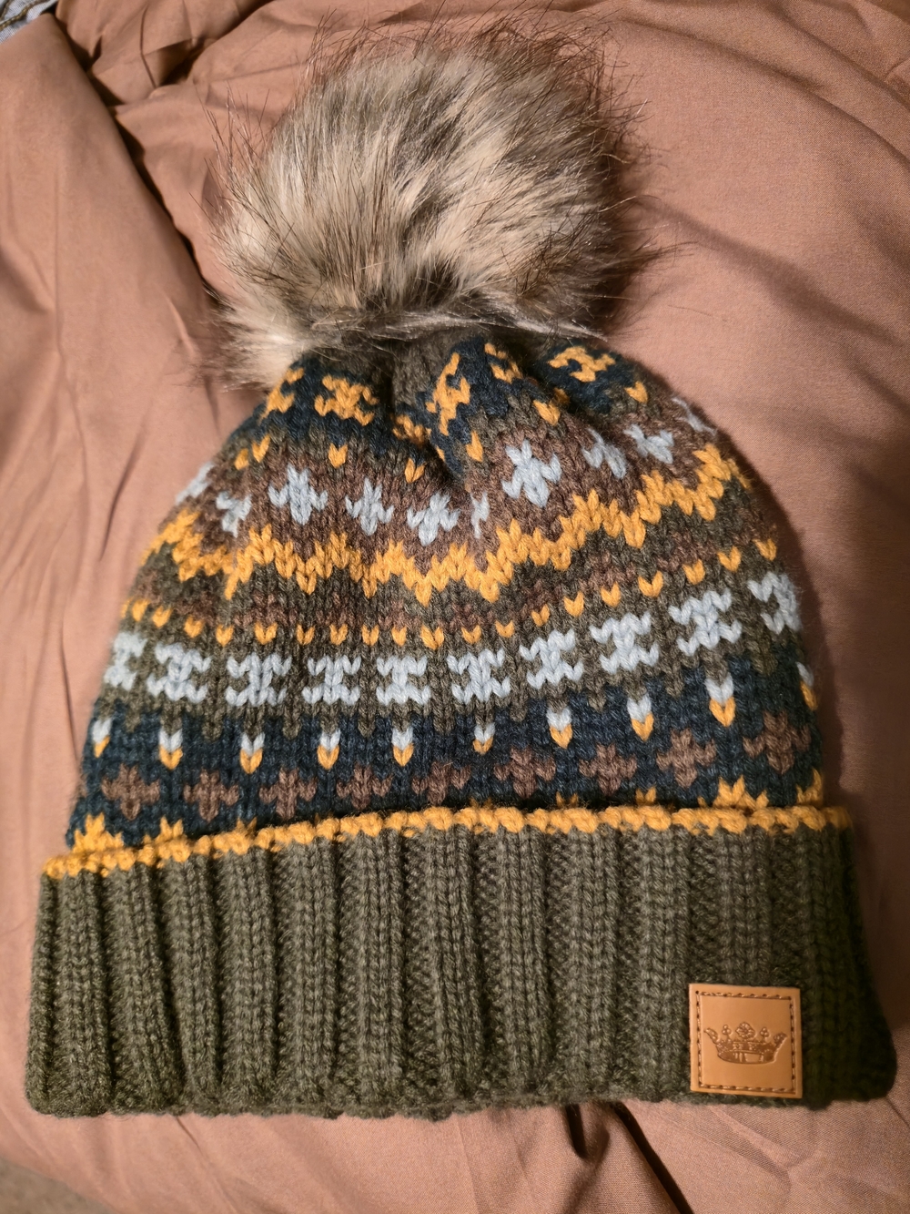 Panache Olive Knit Pom Beanie with Mustard, Gray and Brown Accents